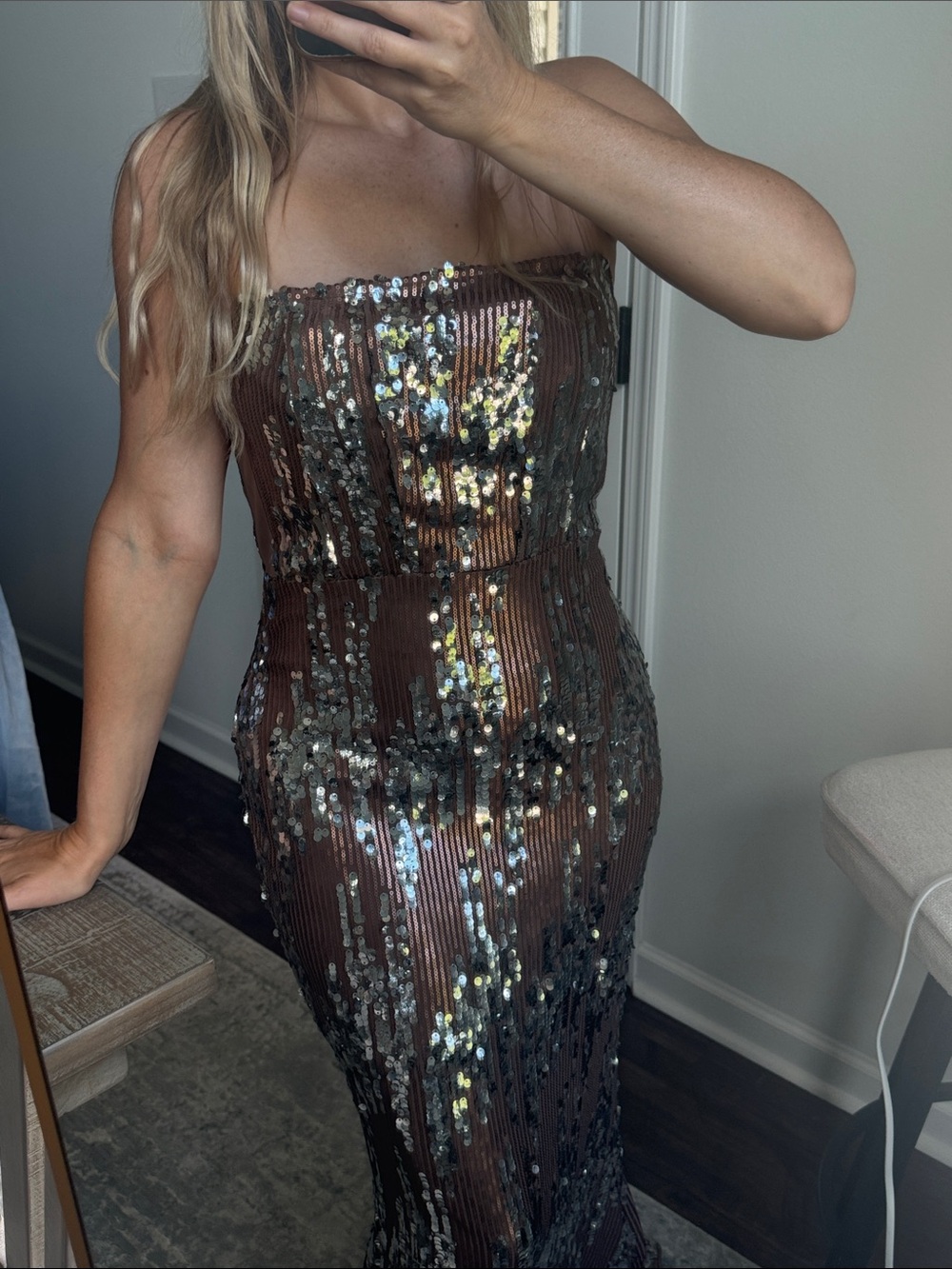 Strapless Sequin Evening Gown in Brown Silver - Picture 4 of 9